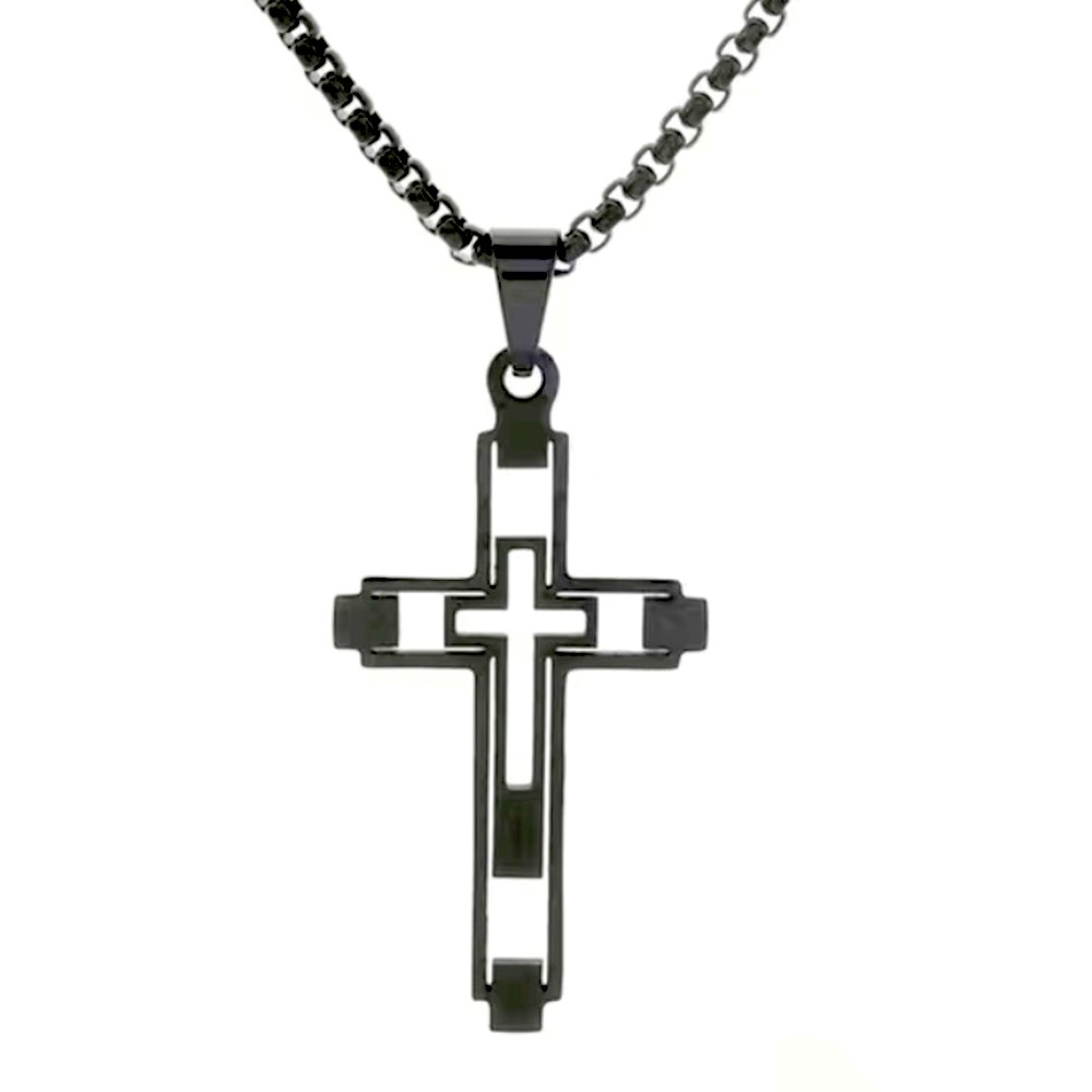 Black Stainless Steel Cross Necklace - 24” Box Chain 2” Cutout Pendant